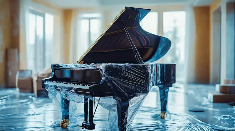 A grand piano wrapped for relocation