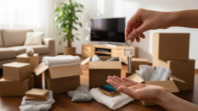 Moving boxes and a hand with a new house key